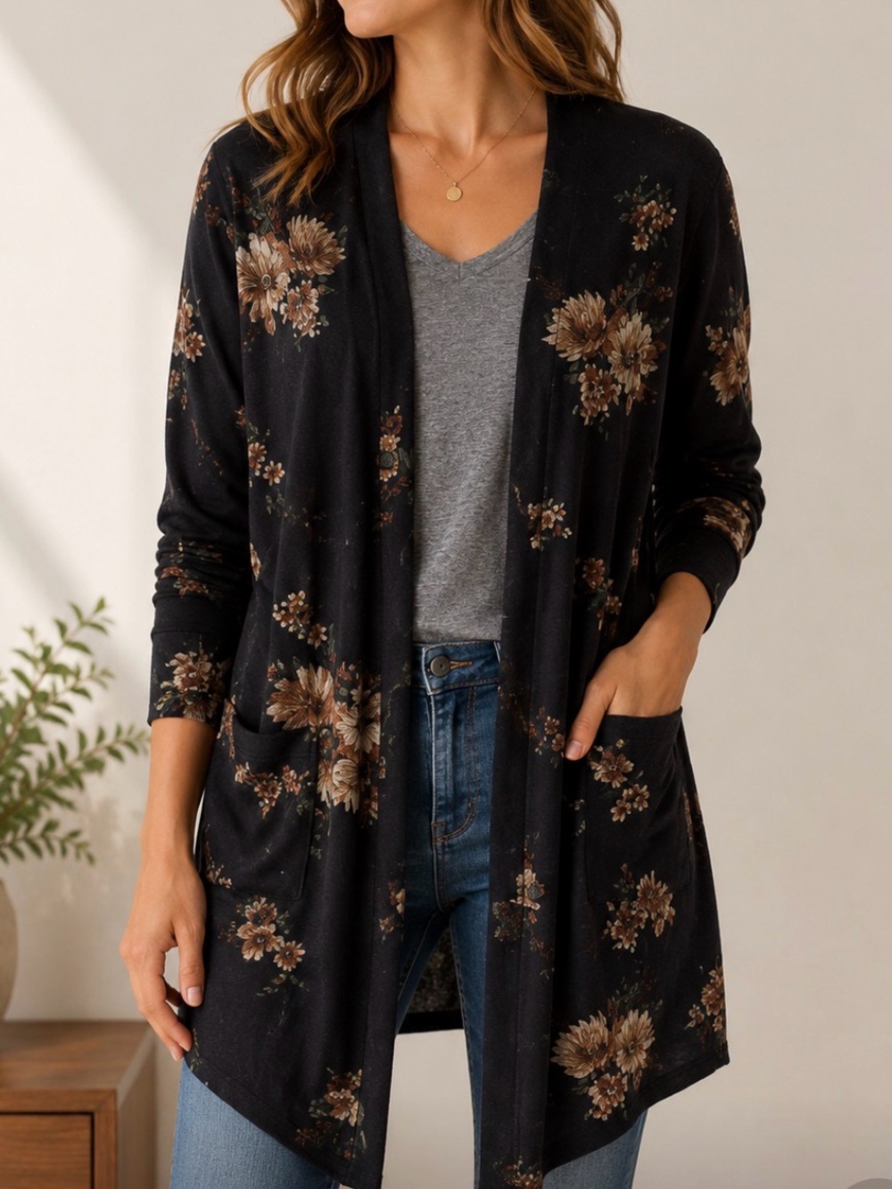 * Skönhet Floral Open Front Pocket Cardigan Large Black Boho Layering Sweater
